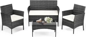 DUMOS Patio Furniture Set 4 Pieces, Outdoor Wicker Furniture with Coffee Table, Modern Rattan Patio Chairs Conversation Sets with Sofa for Garden, Terrace, Porch, Balconies, Lawns, Black