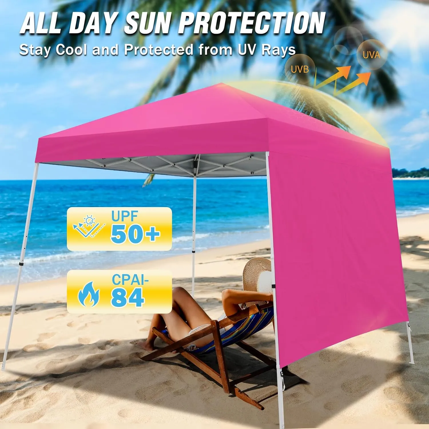 EAGLE PEAK 10x10 Pop Up Canopy Tent with Sidewall, Compact, Portable Slant Leg Instant Sun Shelter for Beach, Sports, & Camping, 10x10 Base 8x8 Top, Pink