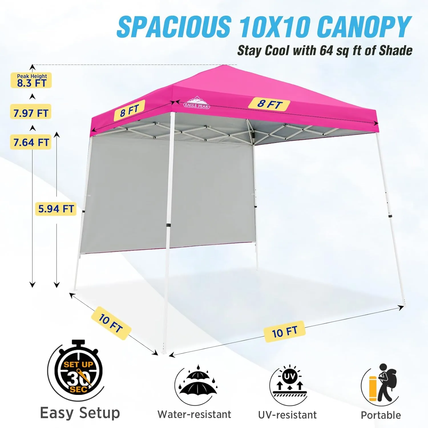 EAGLE PEAK 10x10 Pop Up Canopy Tent with Sidewall, Compact, Portable Slant Leg Instant Sun Shelter for Beach, Sports, & Camping, 10x10 Base 8x8 Top, Pink