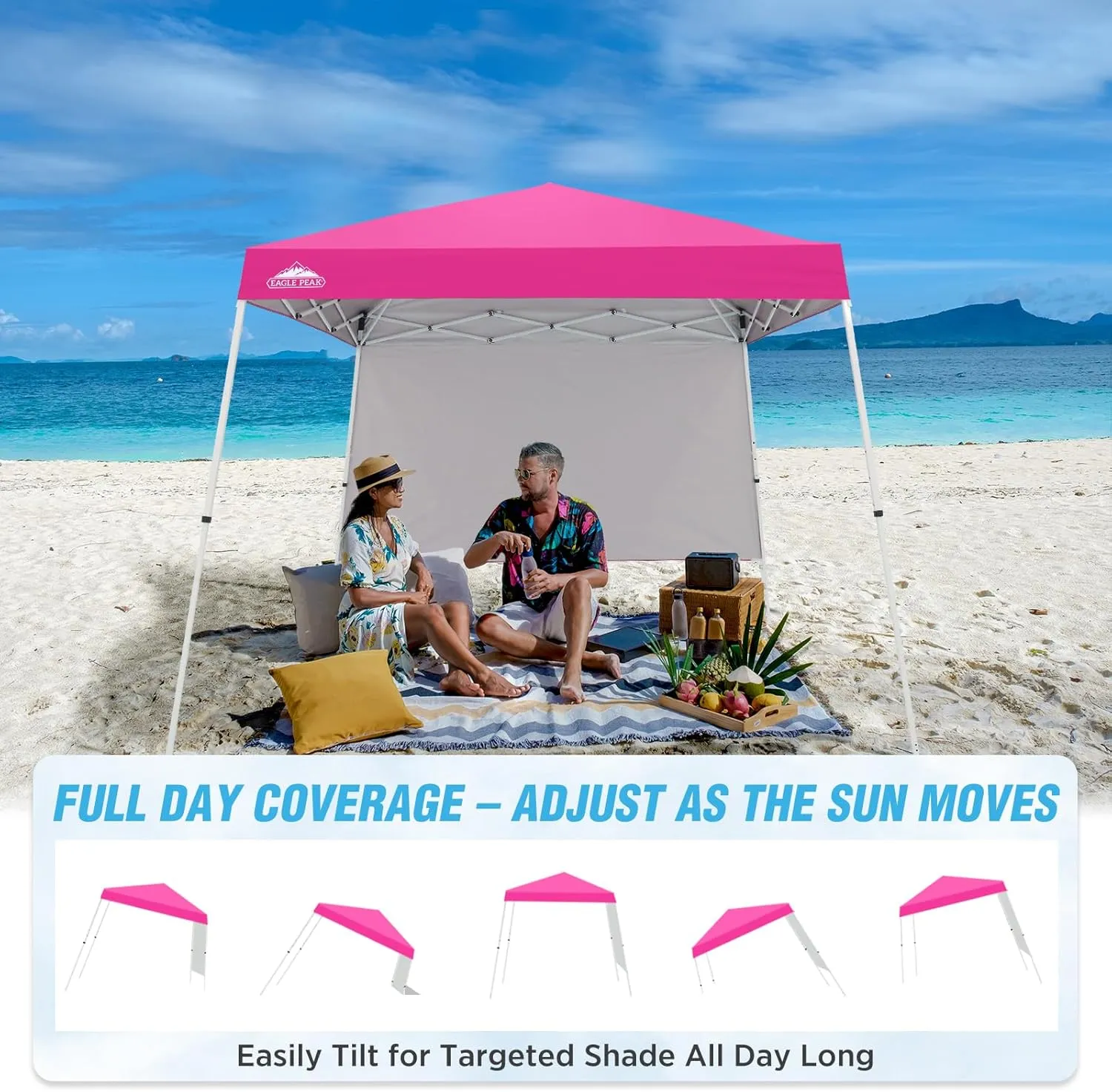 EAGLE PEAK 10x10 Pop Up Canopy Tent with Sidewall, Compact, Portable Slant Leg Instant Sun Shelter for Beach, Sports, & Camping, 10x10 Base 8x8 Top, Pink