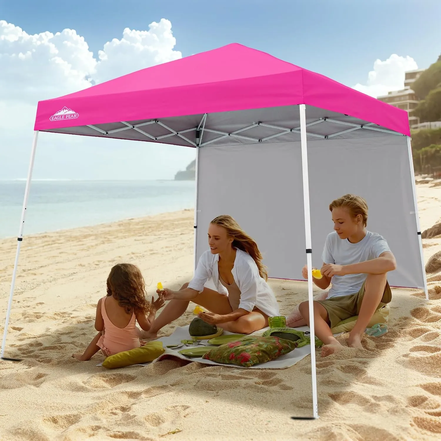 EAGLE PEAK 10x10 Pop Up Canopy Tent with Sidewall, Compact, Portable Slant Leg Instant Sun Shelter for Beach, Sports, & Camping, 10x10 Base 8x8 Top, Pink