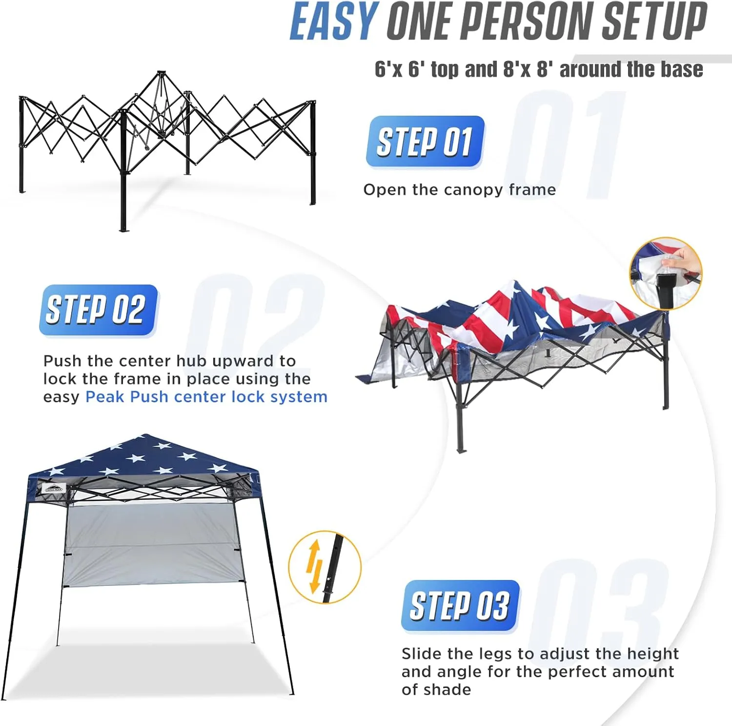 EAGLE PEAK 8x8 Pop Up Canopy Tent with Sidewall, Compact, Portable Slant Leg Instant Sun Shelter for Beach, Sports, & Camping, 8x8 Base 6x6 Top, American Flag