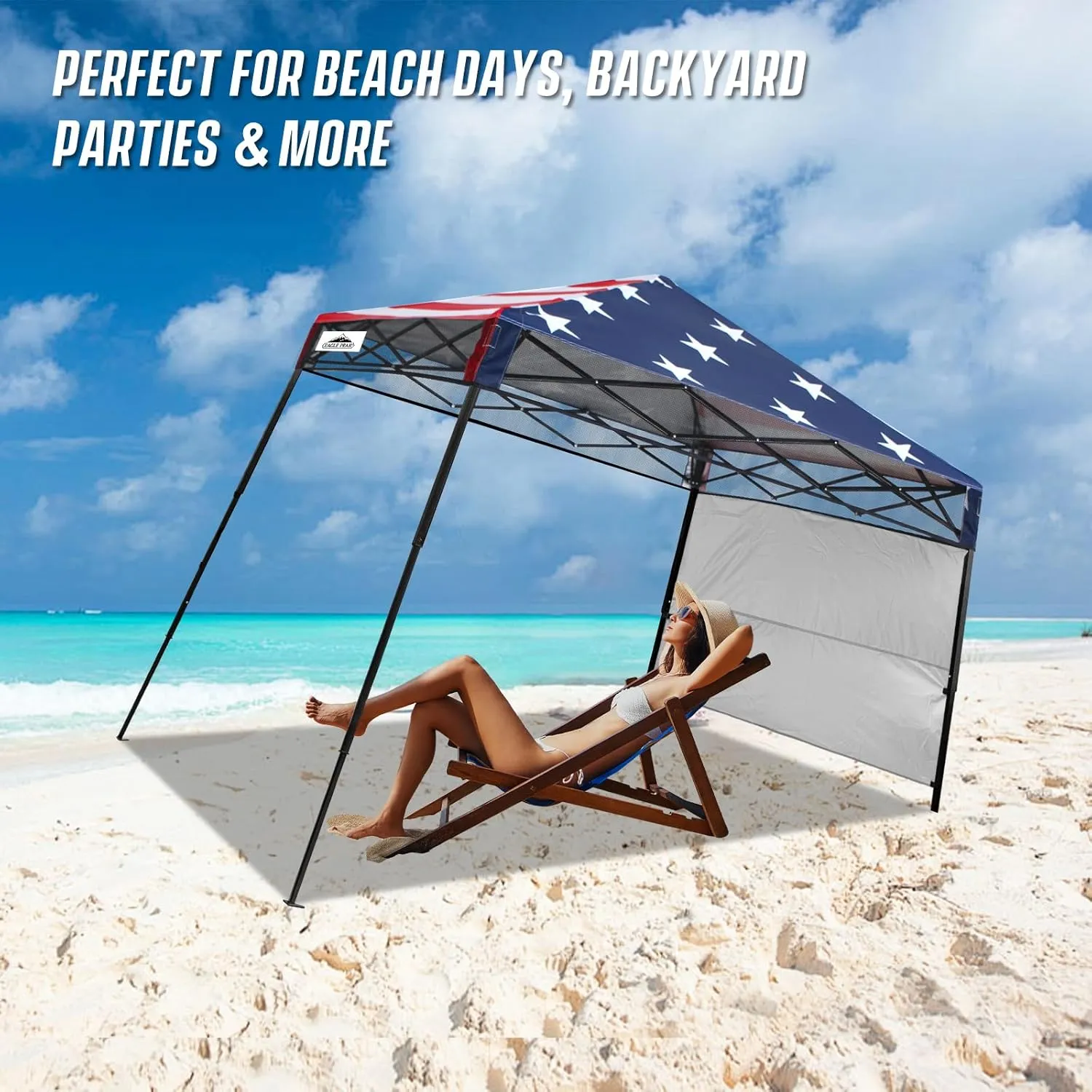 EAGLE PEAK 8x8 Pop Up Canopy Tent with Sidewall, Compact, Portable Slant Leg Instant Sun Shelter for Beach, Sports, & Camping, 8x8 Base 6x6 Top, American Flag