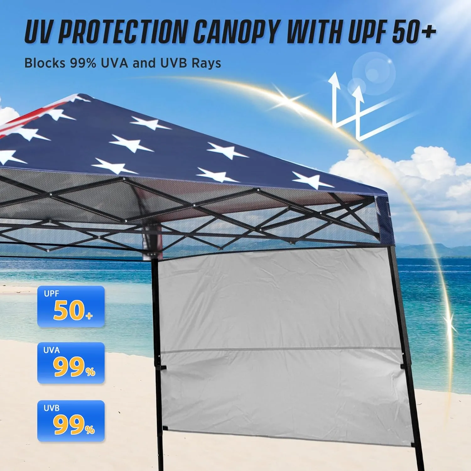 EAGLE PEAK 8x8 Pop Up Canopy Tent with Sidewall, Compact, Portable Slant Leg Instant Sun Shelter for Beach, Sports, & Camping, 8x8 Base 6x6 Top, American Flag