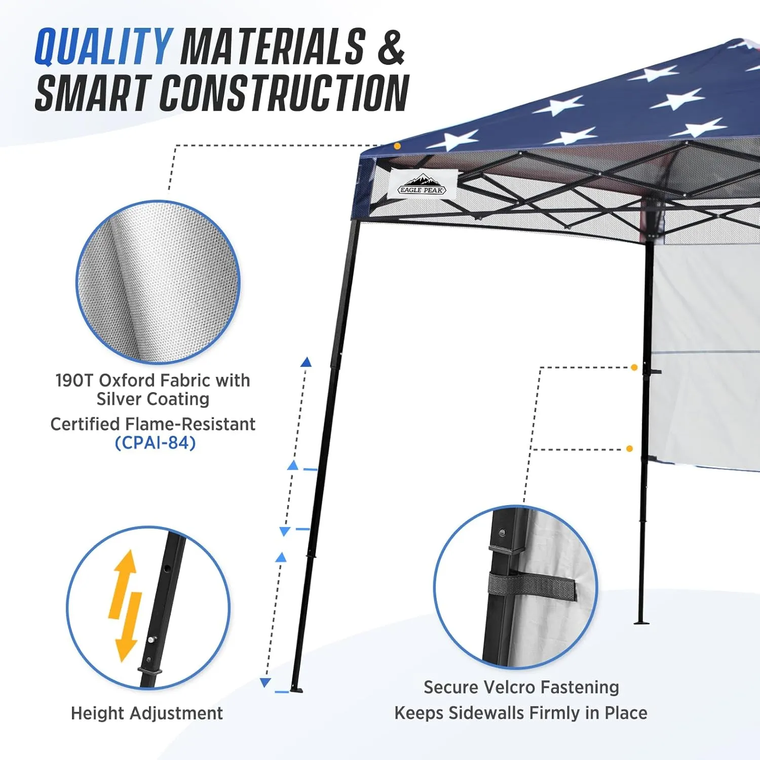 EAGLE PEAK 8x8 Pop Up Canopy Tent with Sidewall, Compact, Portable Slant Leg Instant Sun Shelter for Beach, Sports, & Camping, 8x8 Base 6x6 Top, American Flag