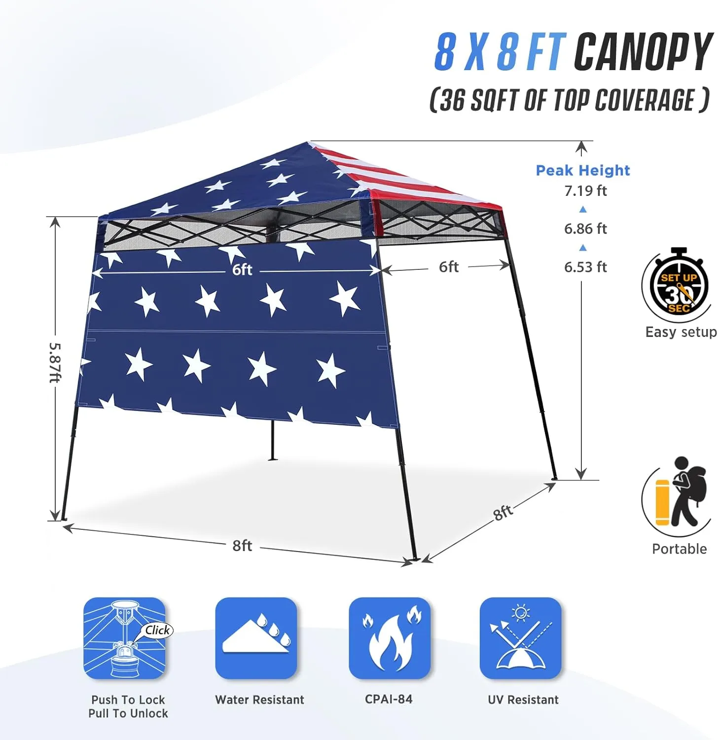 EAGLE PEAK 8x8 Pop Up Canopy Tent with Sidewall, Compact, Portable Slant Leg Instant Sun Shelter for Beach, Sports, & Camping, 8x8 Base 6x6 Top, American Flag