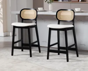 EALSON Counter Height Bar Stools Set of 2 Rattan Back Farmhouse Barstools Mid Century Modern Bar Chairs with Black Wood Legs Linen Upholstered Kitchen Island Stools for Pub/Breakfast Bar, Beige
