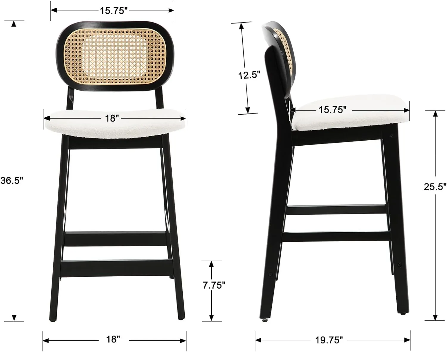 EALSON Counter Height Bar Stools Set of 2 Rattan Back Farmhouse Barstools Mid Century Modern Bar Chairs with Black Wood Legs Linen Upholstered Kitchen Island Stools for Pub/Breakfast Bar, Beige