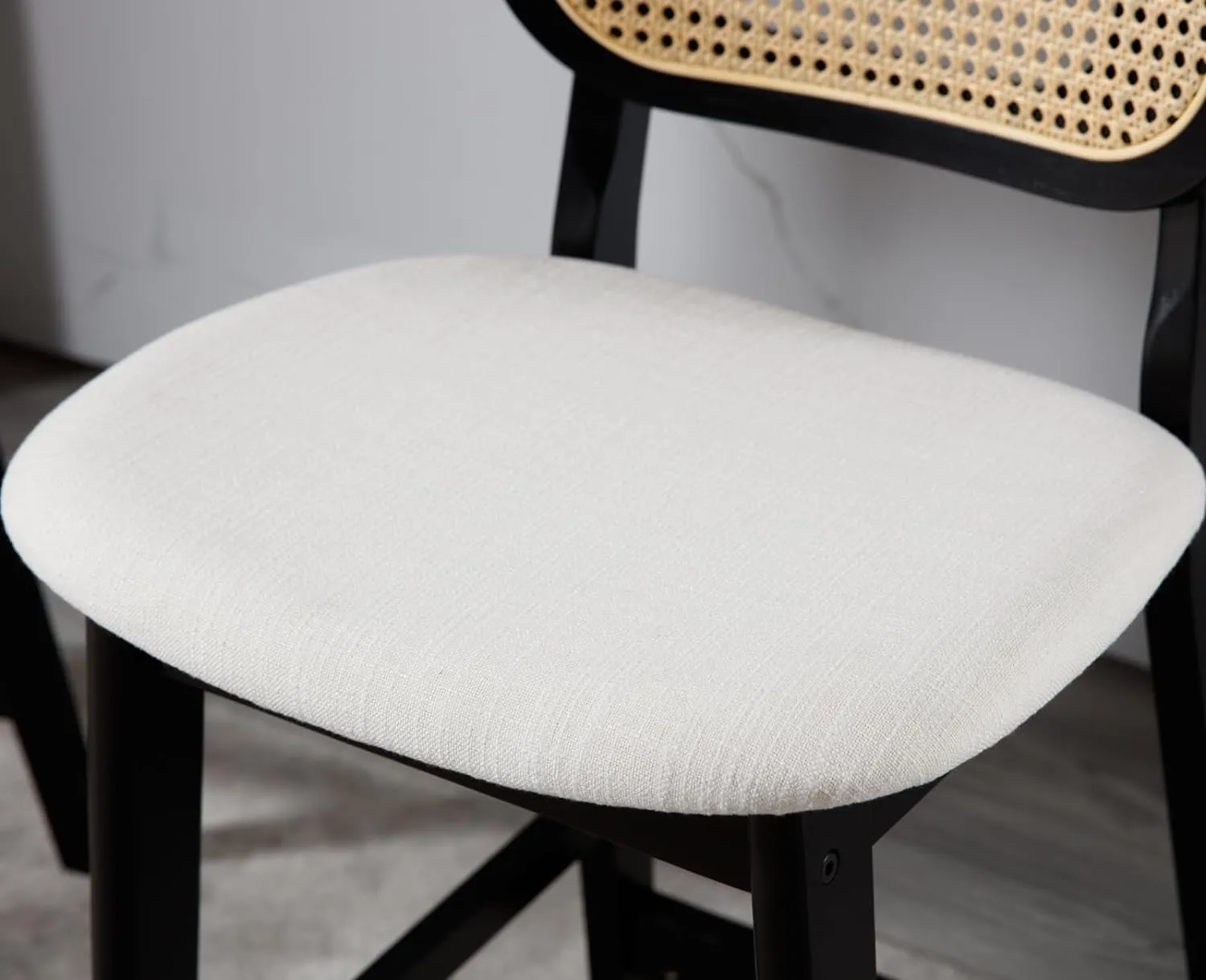 EALSON Counter Height Bar Stools Set of 2 Rattan Back Farmhouse Barstools Mid Century Modern Bar Chairs with Black Wood Legs Linen Upholstered Kitchen Island Stools for Pub/Breakfast Bar, Beige