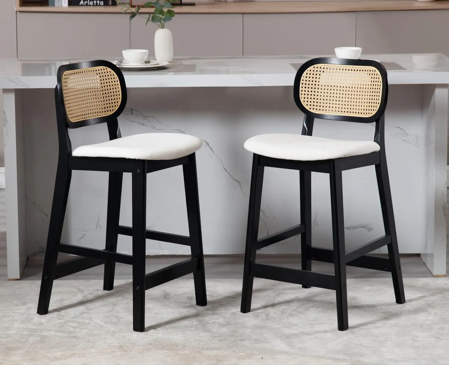 EALSON Counter Height Bar Stools Set of 2 Rattan Back Farmhouse Barstools Mid Century Modern Bar Chairs with Black Wood Legs Linen Upholstered Kitchen Island Stools for Pub/Breakfast Bar, Beige