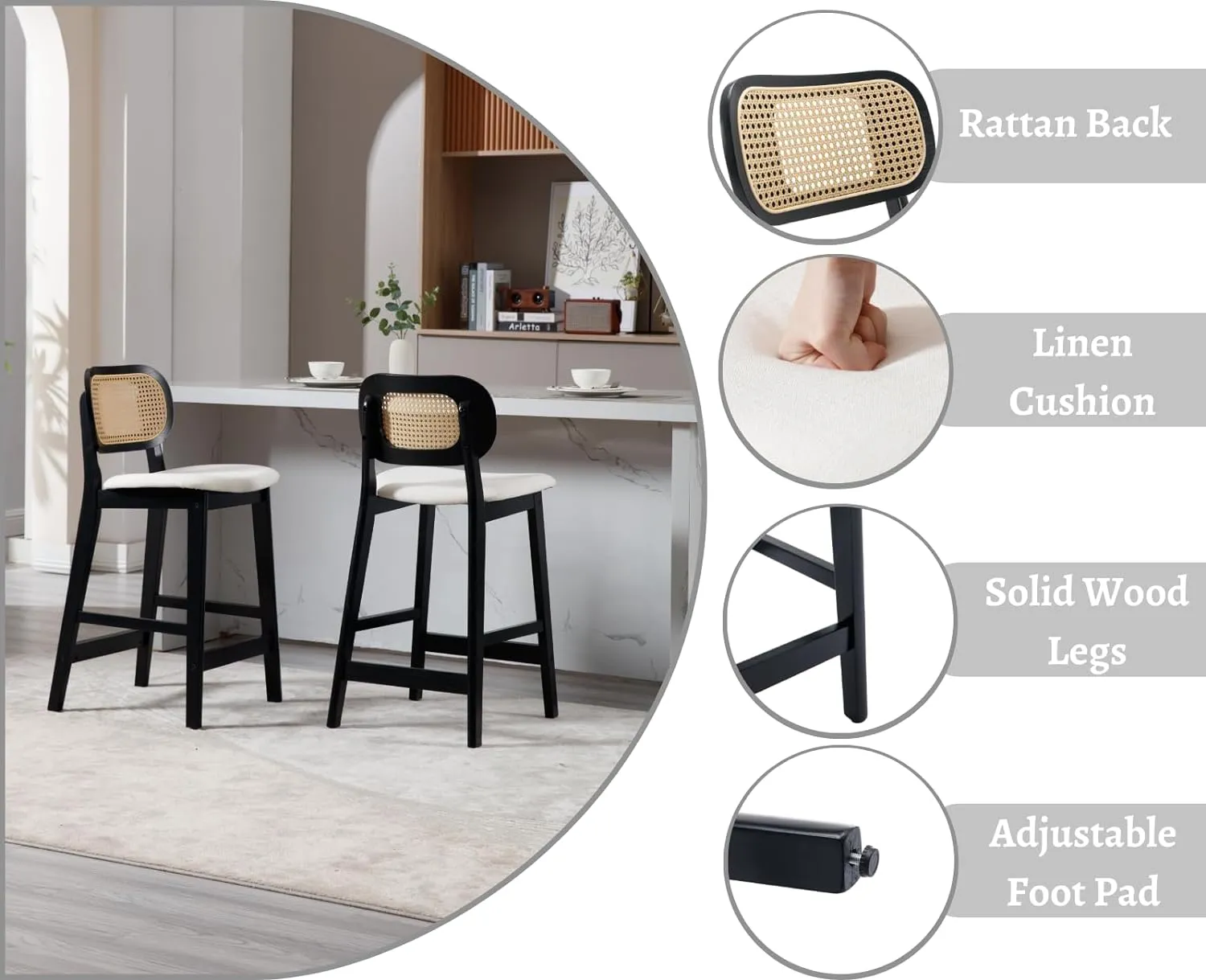 EALSON Counter Height Bar Stools Set of 2 Rattan Back Farmhouse Barstools Mid Century Modern Bar Chairs with Black Wood Legs Linen Upholstered Kitchen Island Stools for Pub/Breakfast Bar, Beige