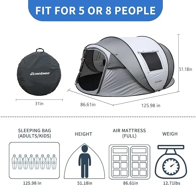 EchoSmile Camping Instant Tent, 2/4/6/8/10 Person Pop Up Tent, Water Resistant Dome Tent, Easy Setup for Camping Hiking and Outdoor, Portable Tent with Carry Bag, for 3 Seasons…