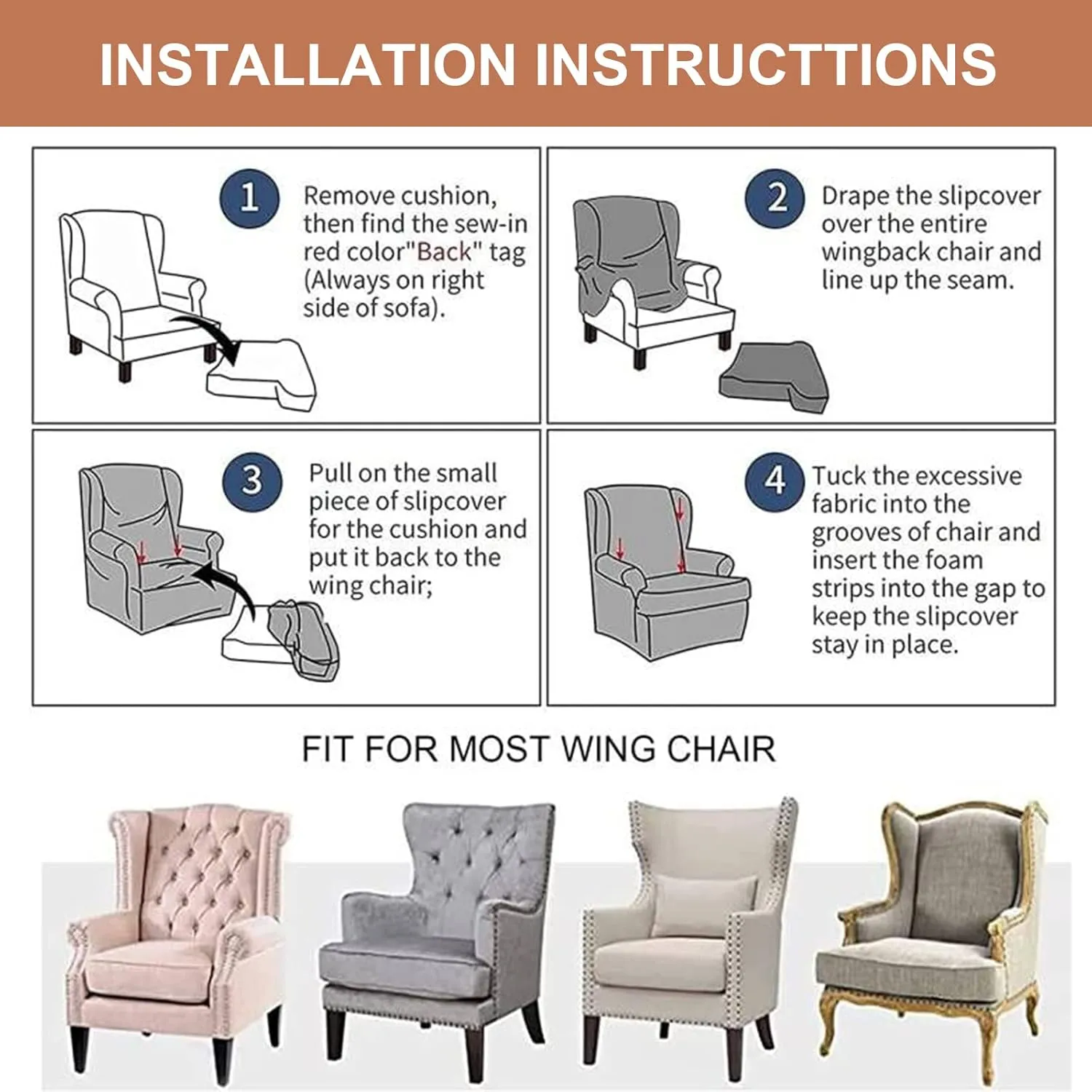 Eco-Ancheng Wingback Chair Slipcover 2 Piece Slipcovers for Wingback Chairs Jacquard Wingback Chair Covers Washable Furniture Protector with Elastic Bottom for Living Room Wingback Chairs