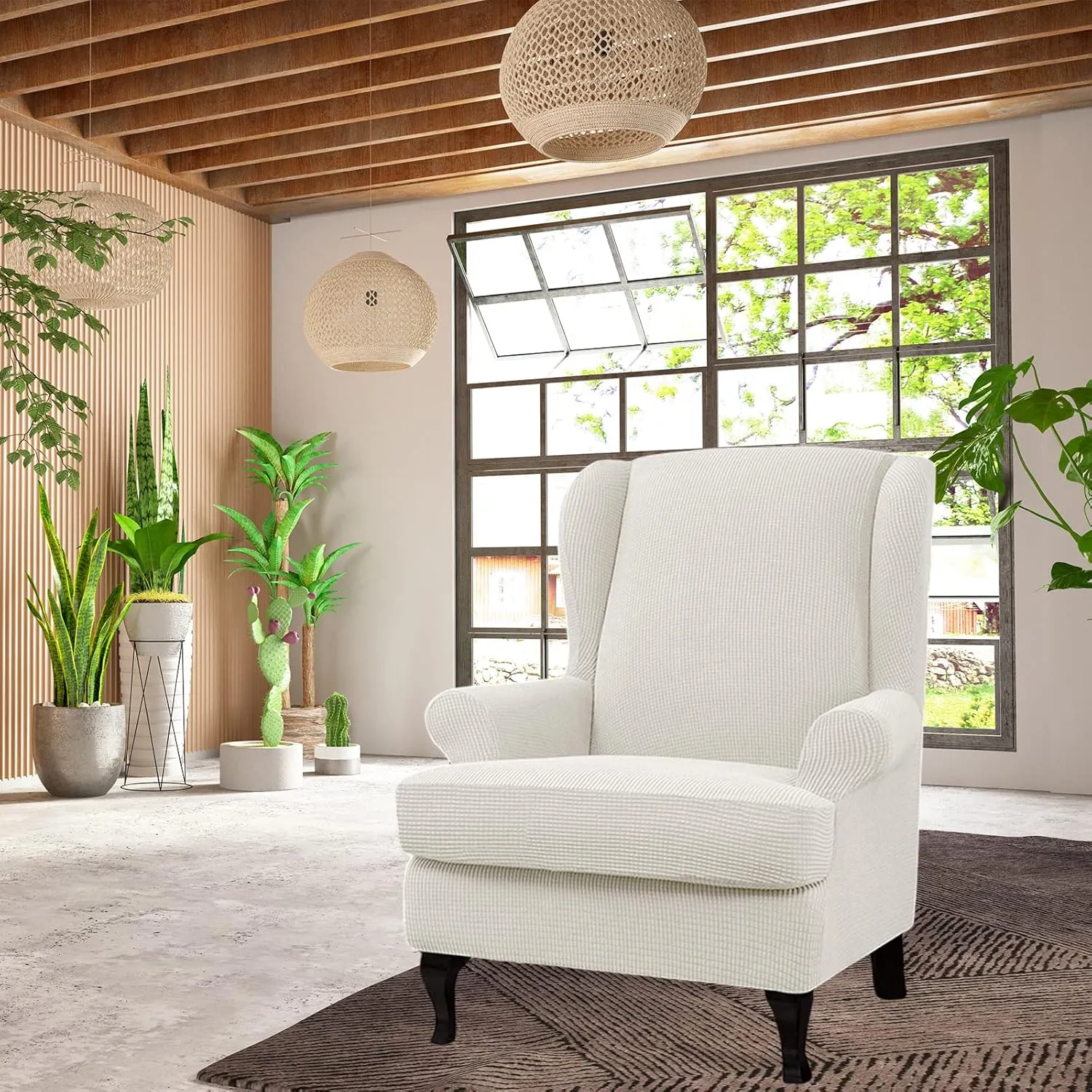 Eco-Ancheng Wingback Chair Slipcover 2 Piece Slipcovers for Wingback Chairs Jacquard Wingback Chair Covers Washable Furniture Protector with Elastic Bottom for Living Room Wingback Chairs
