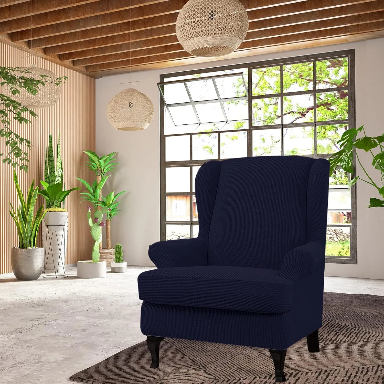 Eco-Ancheng Wingback Chair Slipcover 2 Piece Slipcovers for Wingback Chairs Jacquard Wingback Chair Covers Washable Furniture Protector with Elastic Bottom for Living Room Wingback Chairs