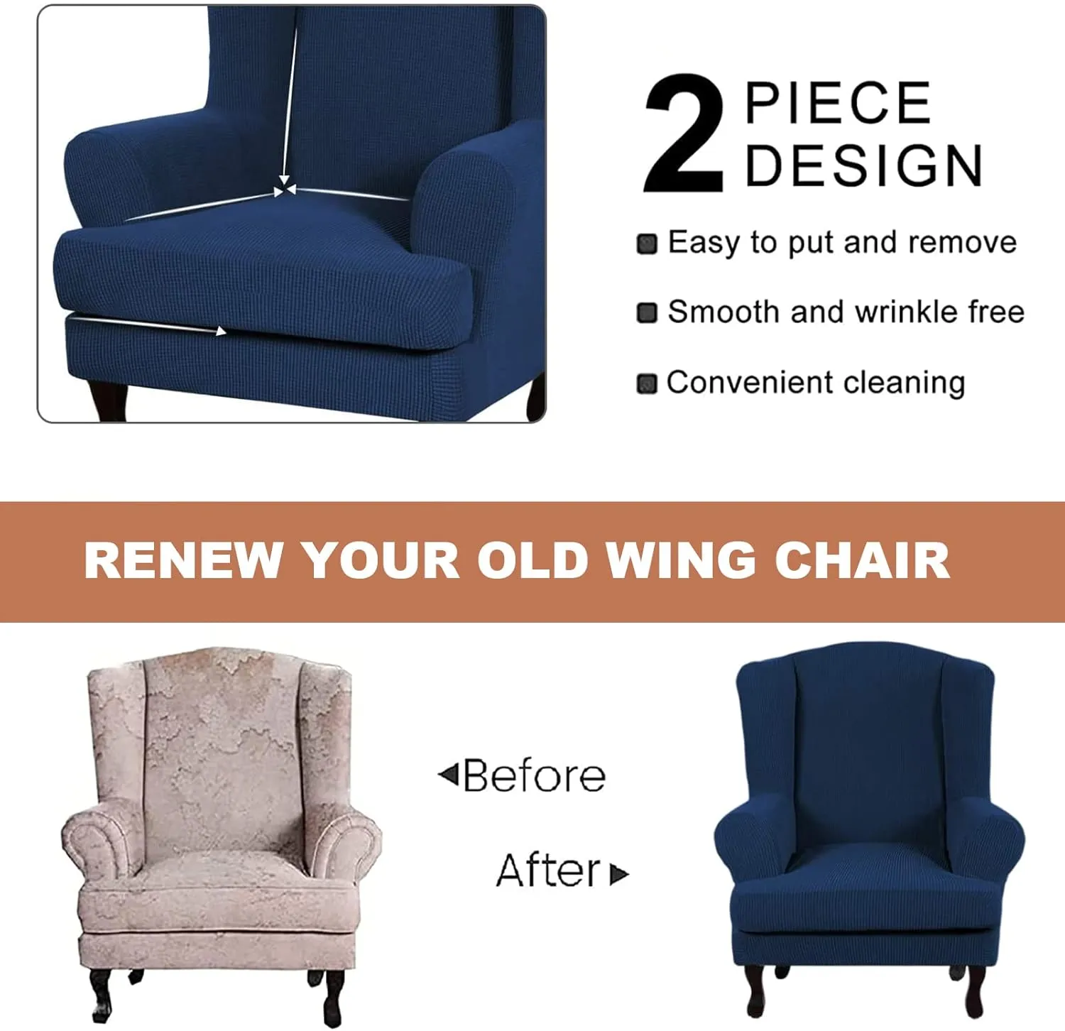 Eco-Ancheng Wingback Chair Slipcover 2 Piece Slipcovers for Wingback Chairs Jacquard Wingback Chair Covers Washable Furniture Protector with Elastic Bottom for Living Room Wingback Chairs