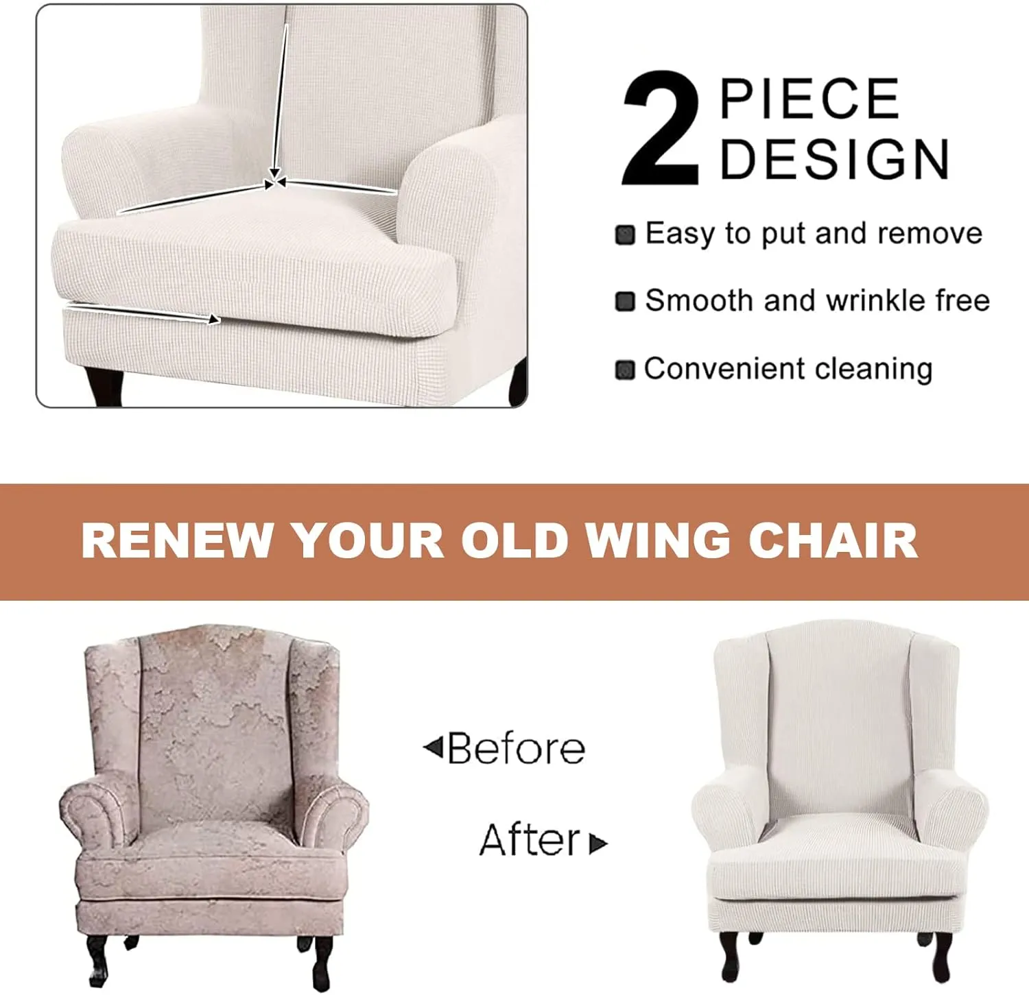 Eco-Ancheng Wingback Chair Slipcover 2 Piece Slipcovers for Wingback Chairs Jacquard Wingback Chair Covers Washable Furniture Protector with Elastic Bottom for Living Room Wingback Chairs
