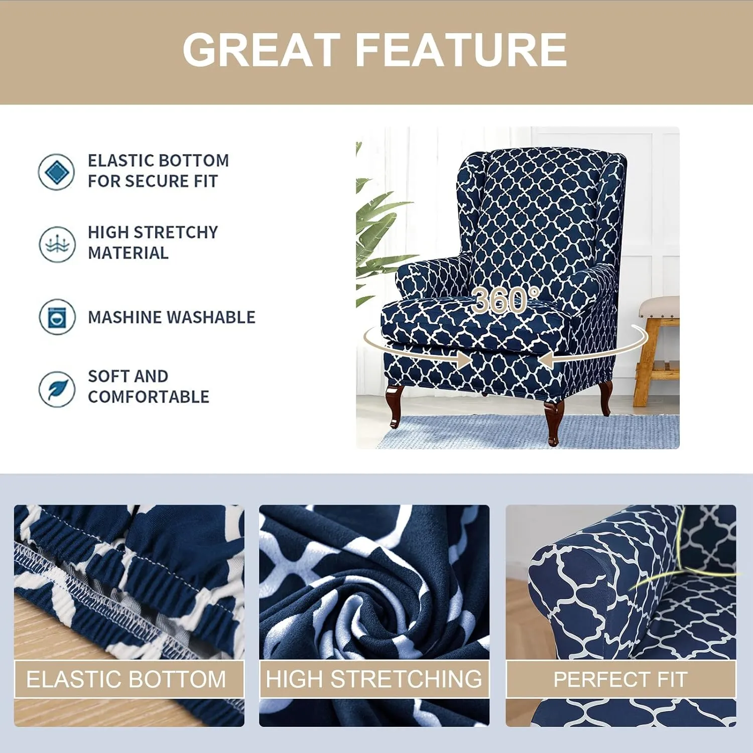 Eco-Ancheng Wingback Chair Slipcover 2 Piece Wingback Chair Cover Spandex Wing Chair Slipcovers Wingback Armchair Covers with Elastic Bottom for Living Room Wingback Chair