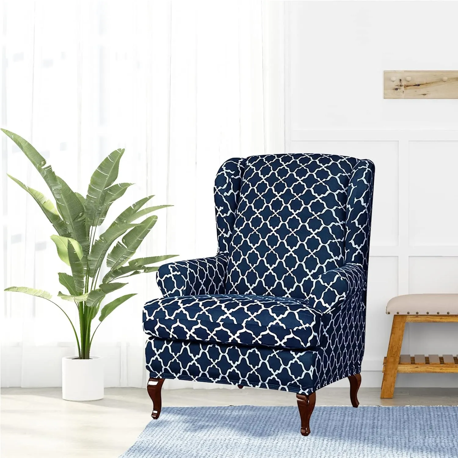 Eco-Ancheng Wingback Chair Slipcover 2 Piece Wingback Chair Cover Spandex Wing Chair Slipcovers Wingback Armchair Covers with Elastic Bottom for Living Room Wingback Chair