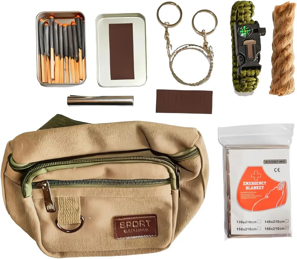 Emergency Fire Starter Waterproof Windproof Stromproof Relit Submerged Matches 5-in-1 Survival Kit Wax Infused Jute Cord Blanket Bug Out Bag Backpack Kit for Camping Hiking Bushcraf Outdoor