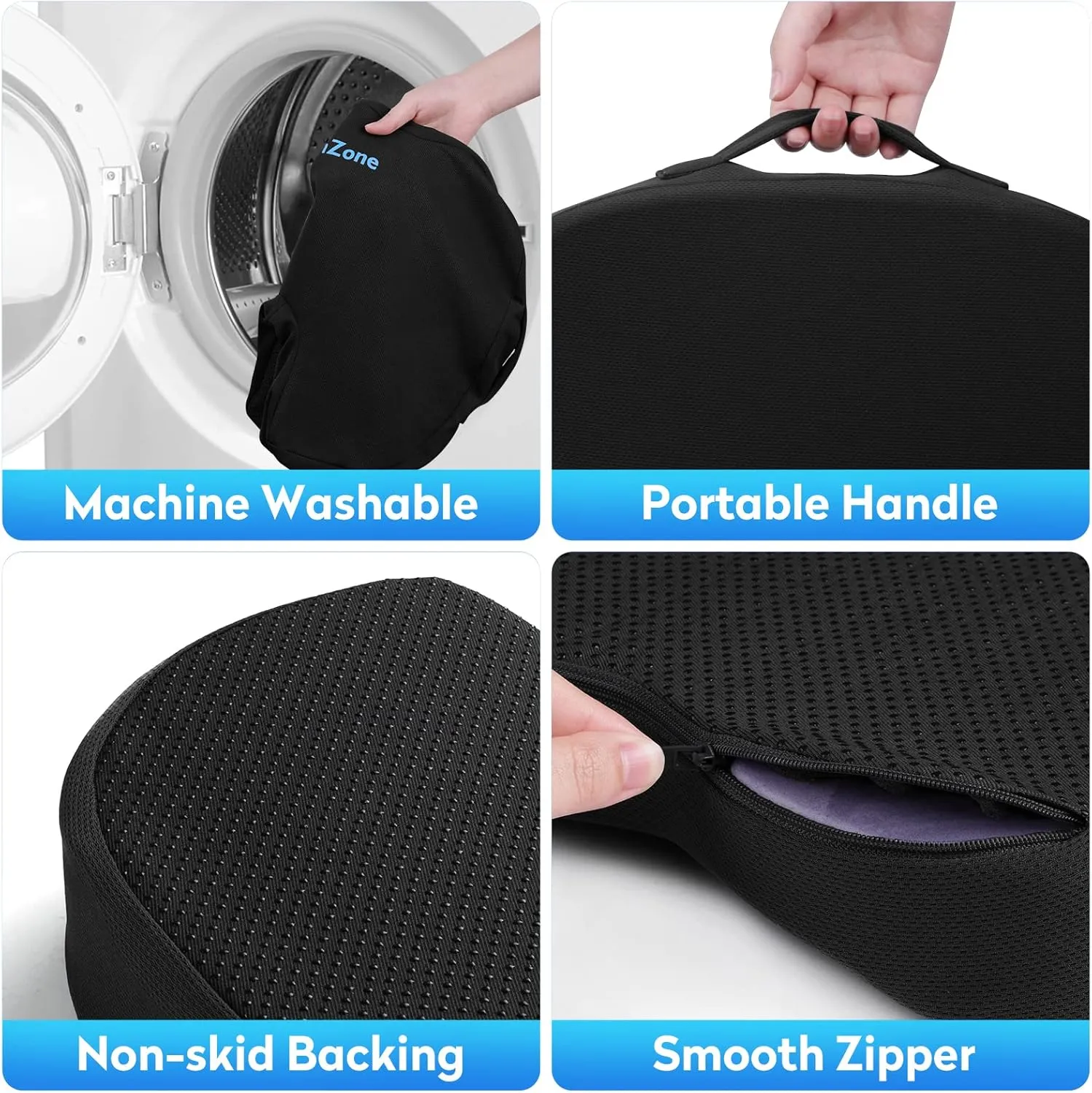 Ergonomic Memory Foam Seat Cushion with Non-Slip Base - Office Chair, Car, Airplane, Wheelchair & Bleacher Support - Pressure Relief for Back, Tailbone & Sciatica (Black)