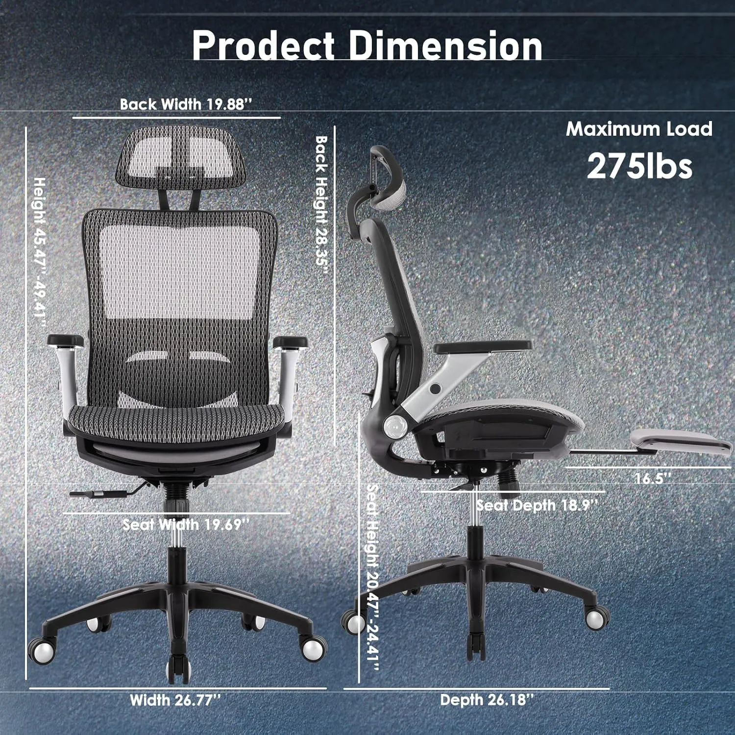 Ergonomic Mesh Office Chair with Footrest, High Back Executive Desk Chair with Adjustable Lumbar Support, Headrest and Tilt Lock, 4D Flip-up Arm-Grey