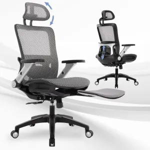 Ergonomic Mesh Office Chair with Footrest, High Back Executive Desk Chair with Adjustable Lumbar Support, Headrest and Tilt Lock, 4D Flip-up Arm-Grey