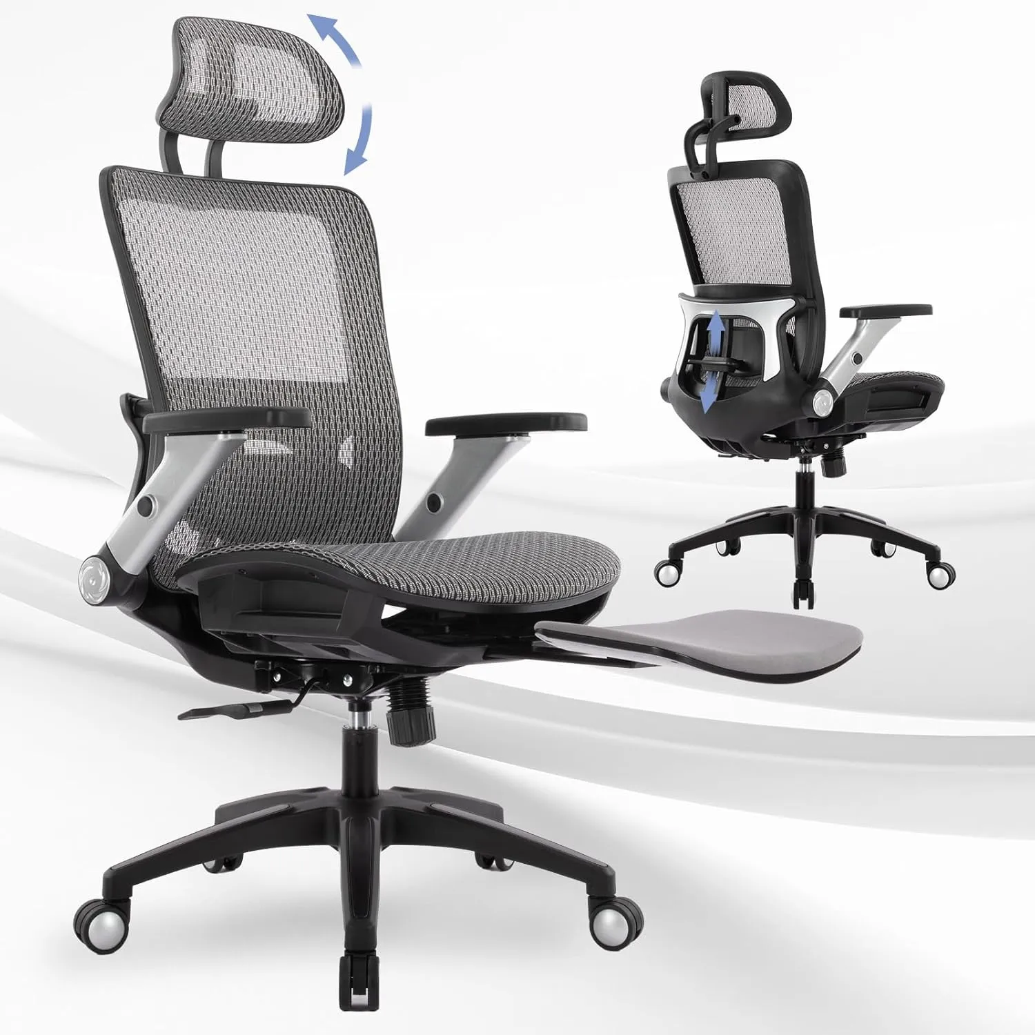 Ergonomic Mesh Office Chair with Footrest, High Back Executive Desk Chair with Adjustable Lumbar Support, Headrest and Tilt Lock, 4D Flip-up Arm-Grey