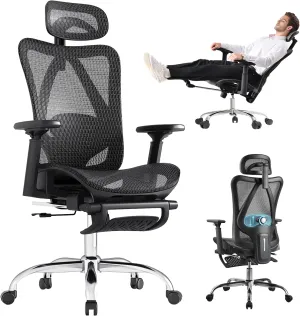 Ergonomic Office Chair, 3-Level Tilt Backrest, 3D Headrest, 3D Armrest and Retractable Footrest, Mesh Breathable SGS Class 4 Gas Clylinder, Black