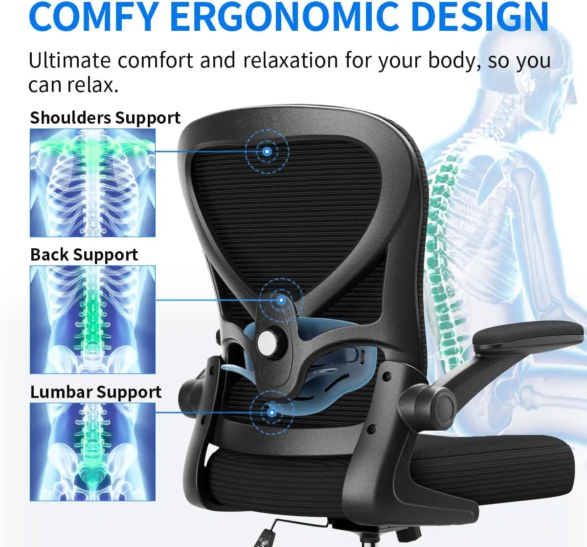 Ergonomic Office Chair, Breathable Mesh Computer Desk Chair with Adjustable Lumbar Support, Swivel with Flip-up Armrests, 350LBS Capacity - Design for Home/Offices - Black