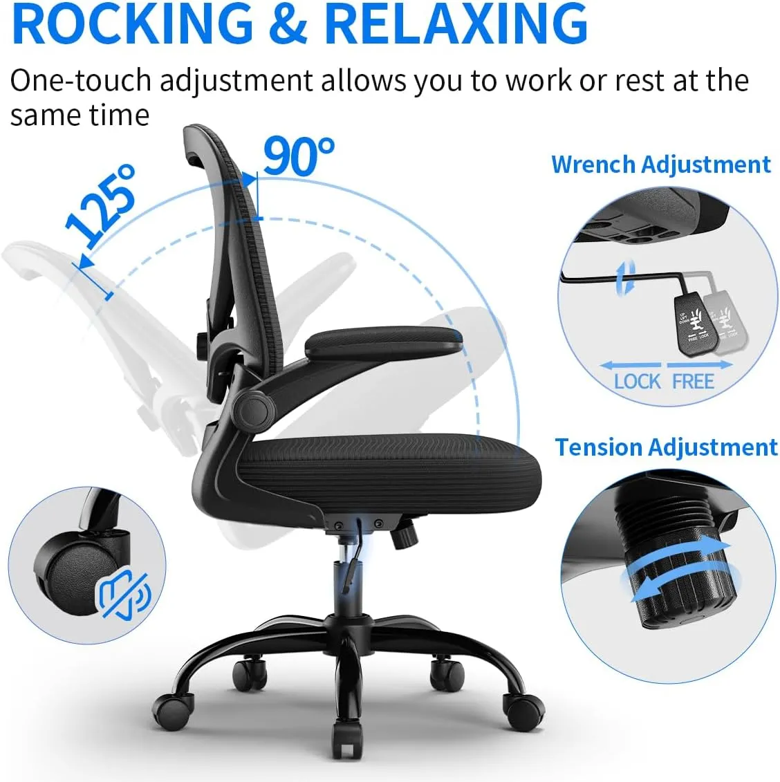 Ergonomic Office Chair, Breathable Mesh Computer Desk Chair with Adjustable Lumbar Support, Swivel with Flip-up Armrests, 350LBS Capacity - Design for Home/Offices - Black