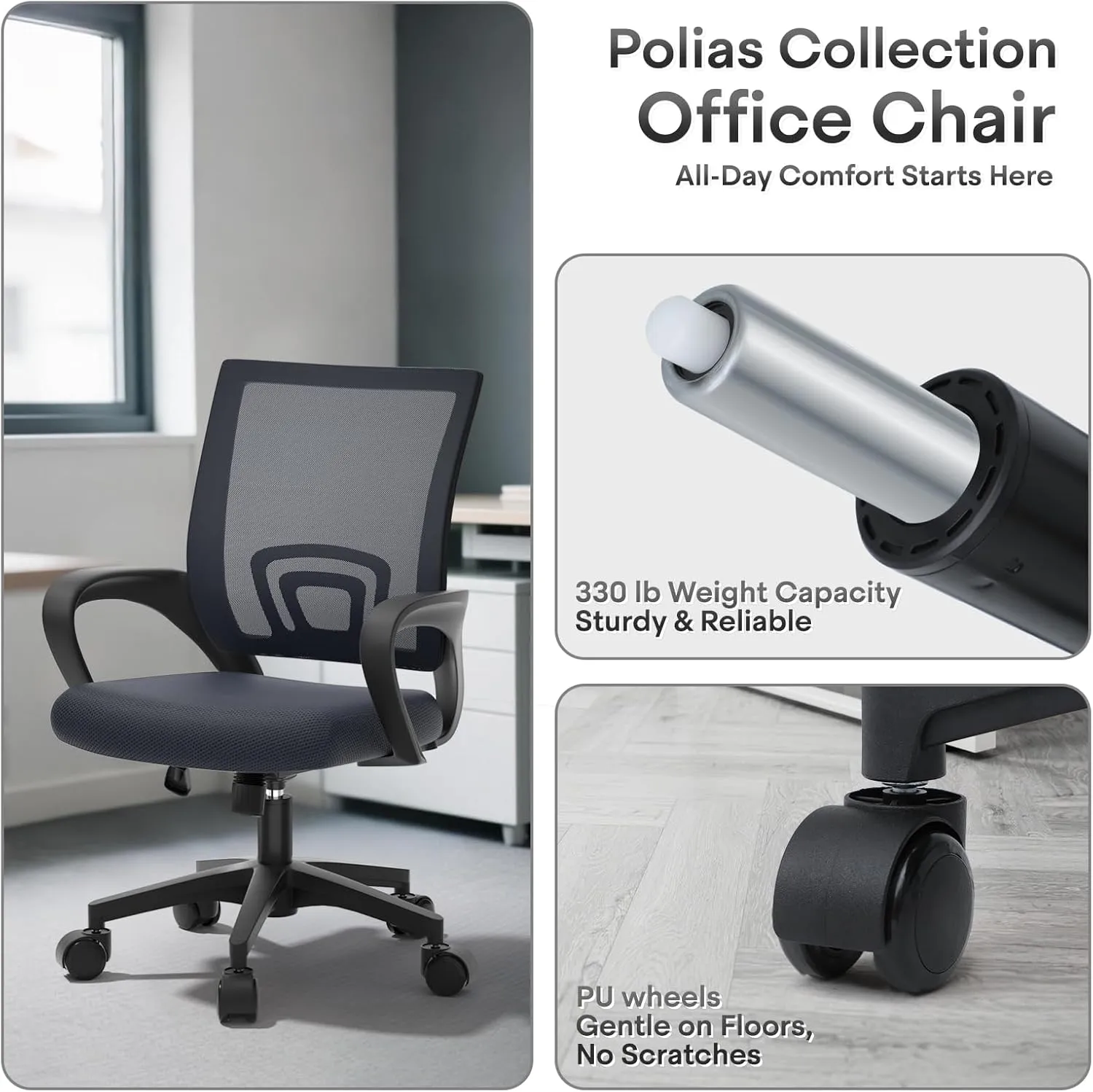 Ergonomic Office Chair - Heavy Duty 330Lbs, Breathable Mesh Computer Desk Chair with Lumbar Support & Armrest, Rolling Swivel Adjustable Tilt Lock for Home Office/Gaming, Bedroom Study