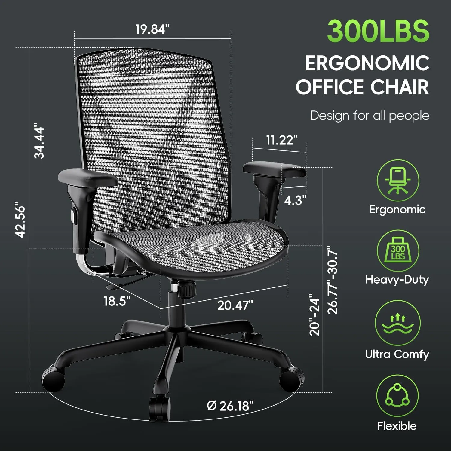 Ergonomic Office Chair, High-Back Swivel Computer Gaming Desk Chair with Lumbar Support and Adjustable Armrests, Home Office Chair with Breathable Mesh Backrest, 3-Gear Tilt Function,Grey