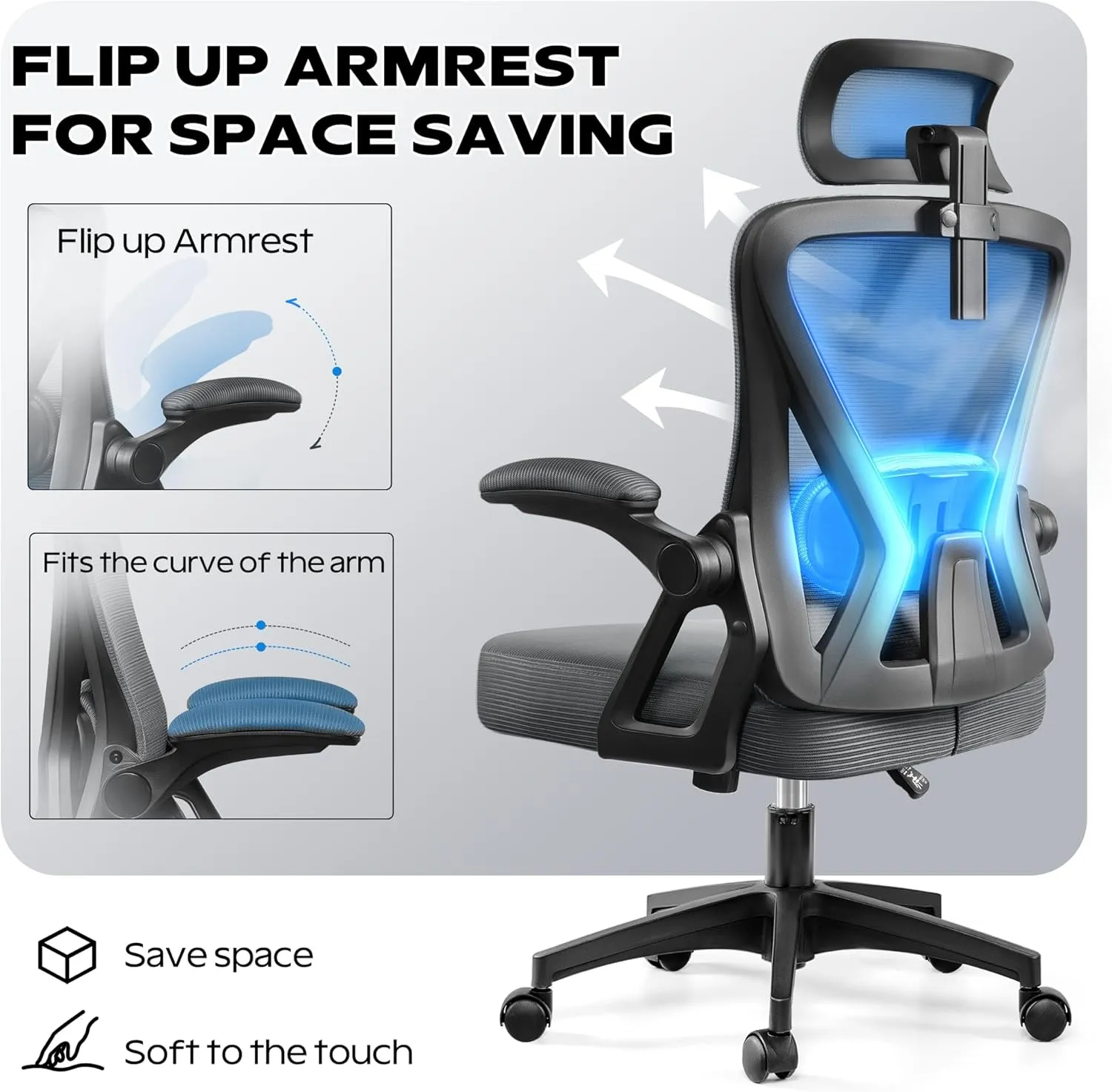 Ergonomic Office Chair, Home Office Desk Chair with Headrest, High Back Mesh Chair with Flip-up Armrests, Comfy Desk Chair with Lumbar Support, Rolling Swivel Task Chair for Office