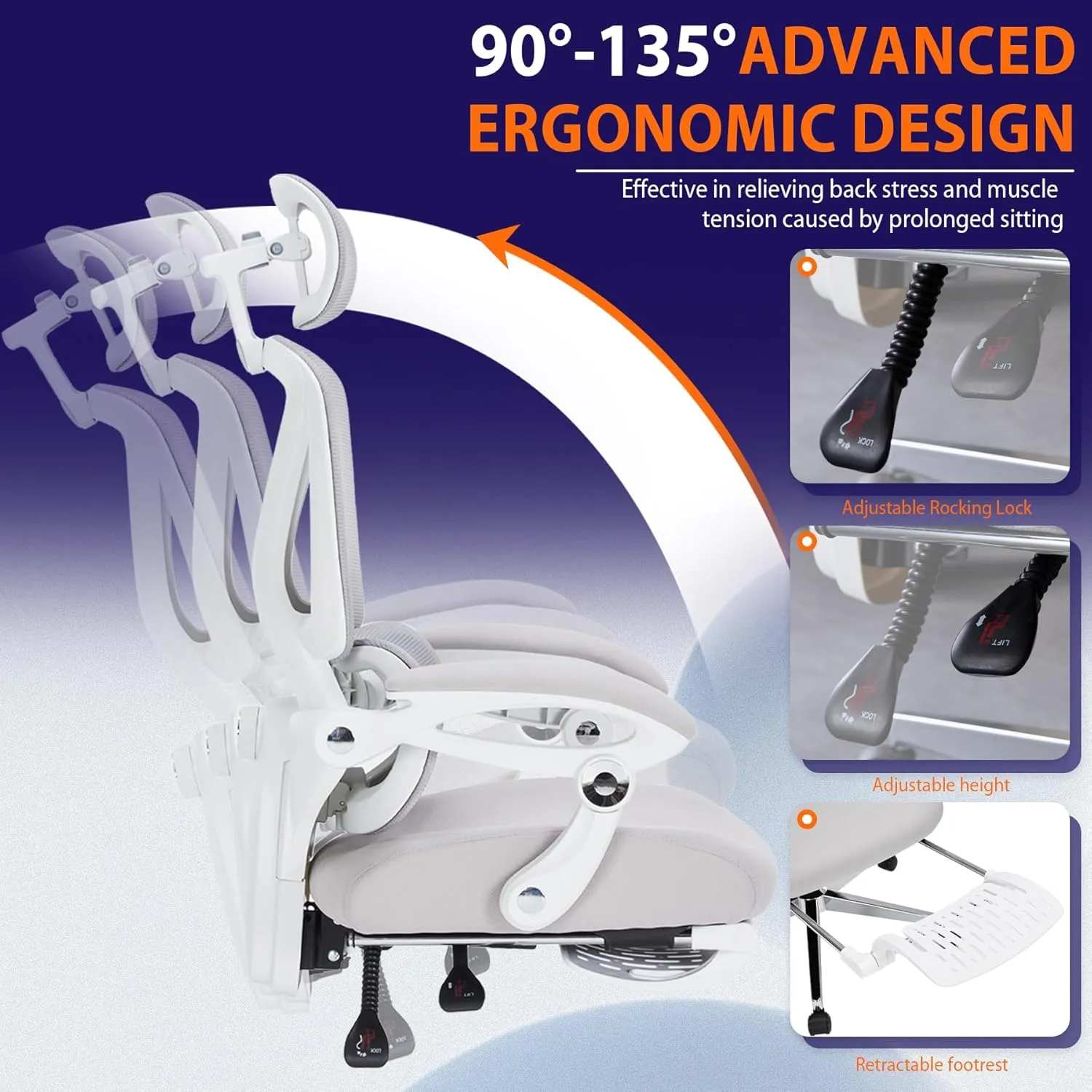 Ergonomic Office Chair, Home Office Desk Chairs with Foot Rest, High-Back Mesh Computer Desk Chair with Adjustable Lumbar Support, Computer Chair for Home Office (White)