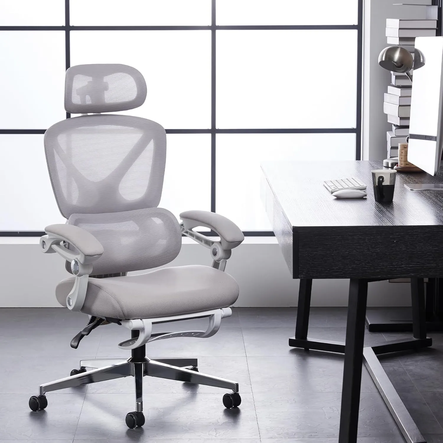Ergonomic Office Chair, Home Office Desk Chairs with Foot Rest, High-Back Mesh Computer Desk Chair with Adjustable Lumbar Support, Computer Chair for Home Office (White)