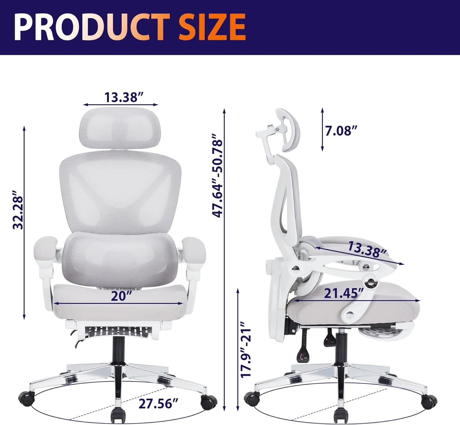 Ergonomic Office Chair, Home Office Desk Chairs with Foot Rest, High-Back Mesh Computer Desk Chair with Adjustable Lumbar Support, Computer Chair for Home Office (White)