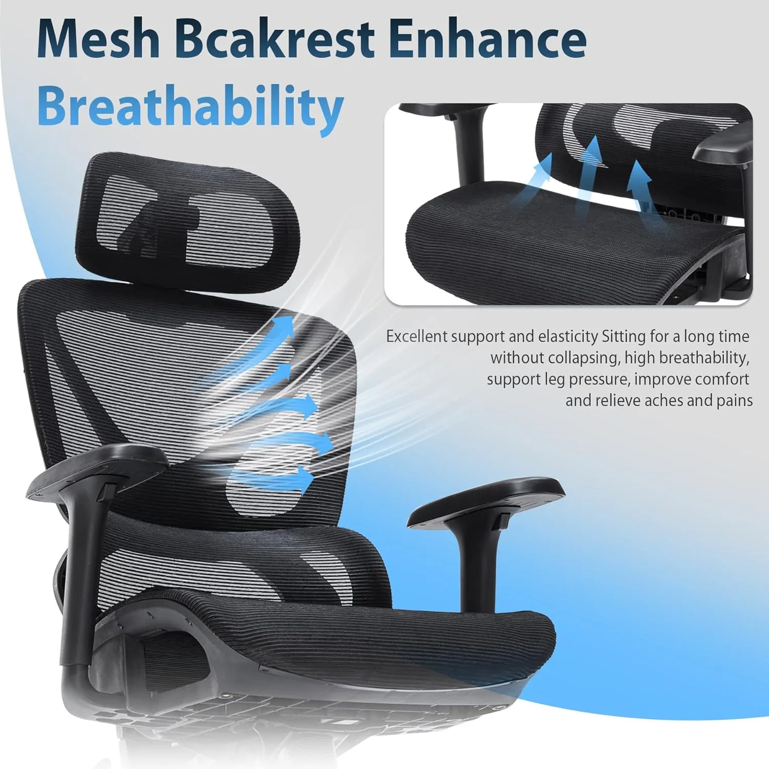Ergonomic Office Chair, Mesh Chair with Tilt Function and Lumbar Support, 3D Headrest, 3D Armrests, 3-Position Locking Mechanism, Big and Tall Office Chair for Home Office (Black)