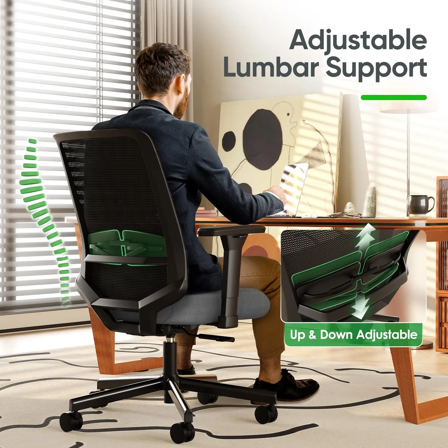 Ergonomic Office Chair, Mesh Computer Desk Chairs with Adjustable Lumbar Support, 3D Armrests, Tilt Function, Comfy Wide Seat, Swivel Executive Work Task Chair for Company and Home