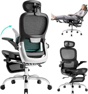Ergonomic Office Chair with Adaptive Backrest, SGS Class 4 Gas Clylinder and Flip-Up Armrests, Breathable Mesh with Footrest, Adjustable Headrest