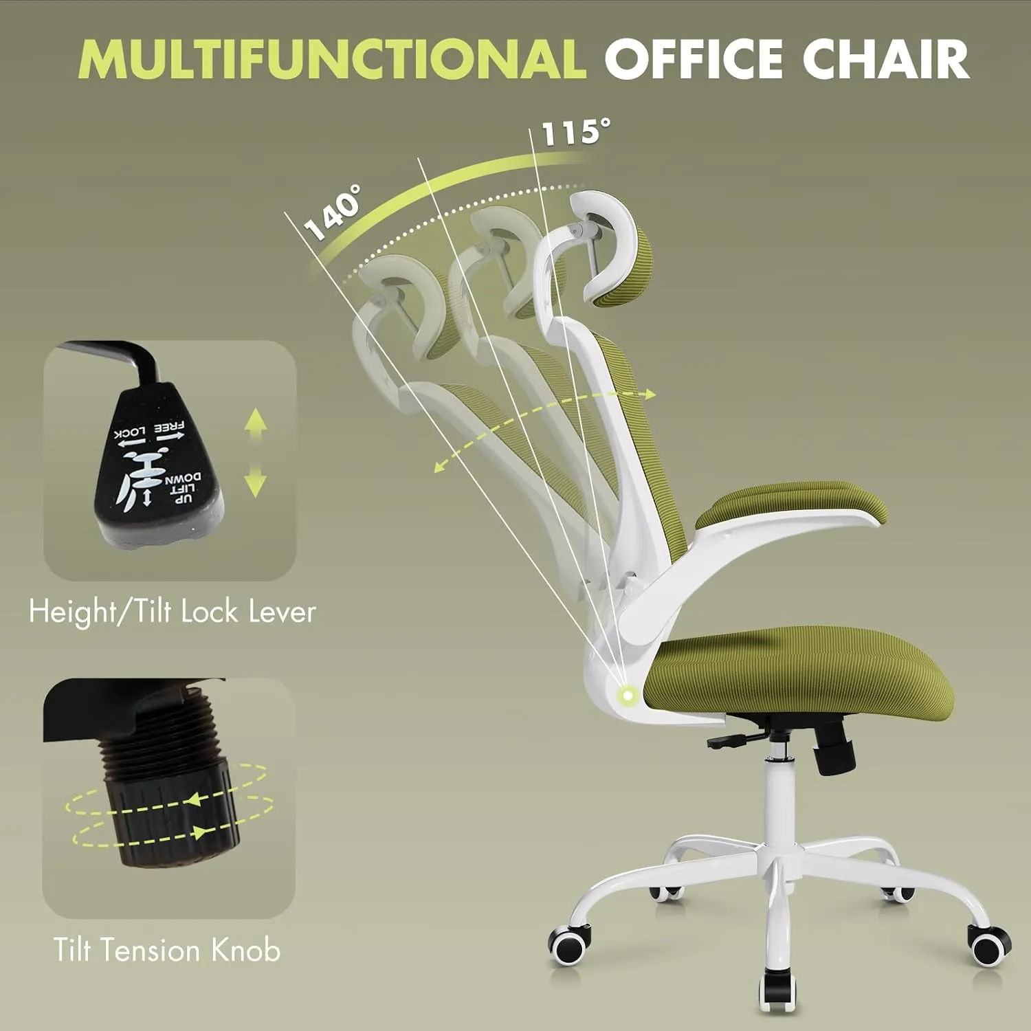 Ergonomic Office Chair with Adjustable Lumbar Support & Headrest, High Back Mesh Desk Chair with Flip-Up Armrests, Breathable & Comfortable Computer Chair for Home, Office & Study –Green