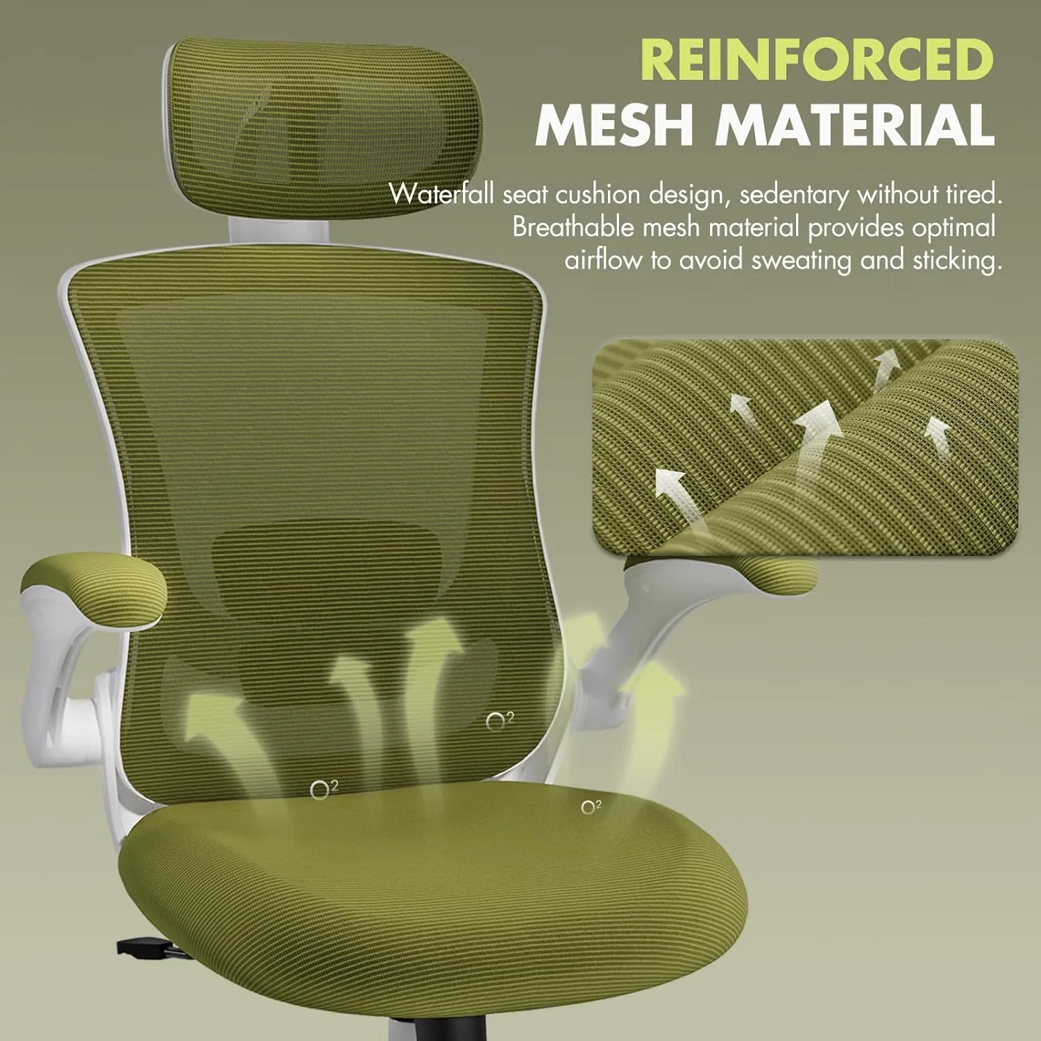Ergonomic Office Chair with Adjustable Lumbar Support & Headrest, High Back Mesh Desk Chair with Flip-Up Armrests, Breathable & Comfortable Computer Chair for Home, Office & Study –Green