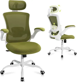 Ergonomic Office Chair with Adjustable Lumbar Support & Headrest, High Back Mesh Desk Chair with Flip-Up Armrests, Breathable & Comfortable Computer Chair for Home, Office & Study –Green