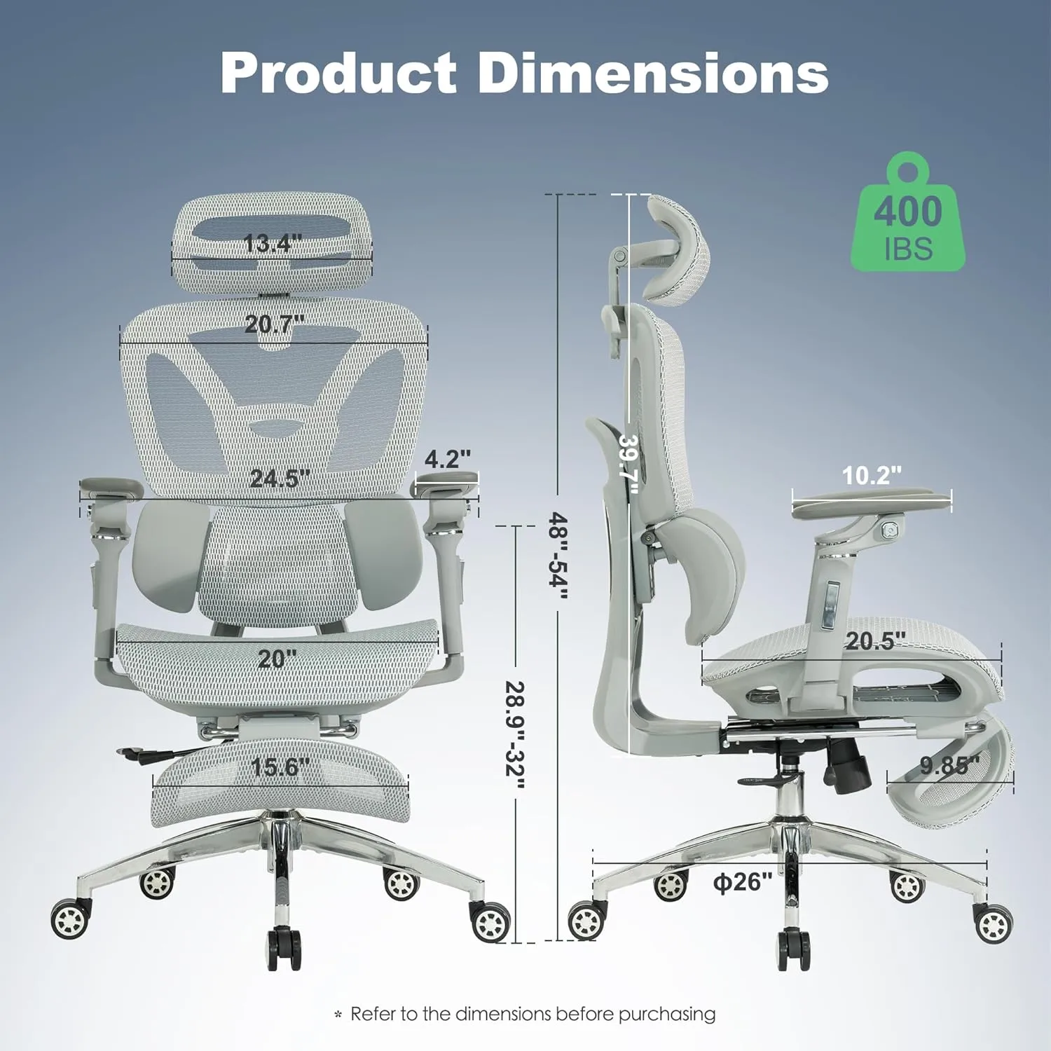 Ergonomic Office Chair with Footrest,Breathable Mesh Gaming Chair,Larger and Higher,High Back,Comfortable 3D Lumbar Support,130° Tilt,Adjustable Seat Depth,Ajustable 6D Armrest & 3D Headrest(Grey Pro)