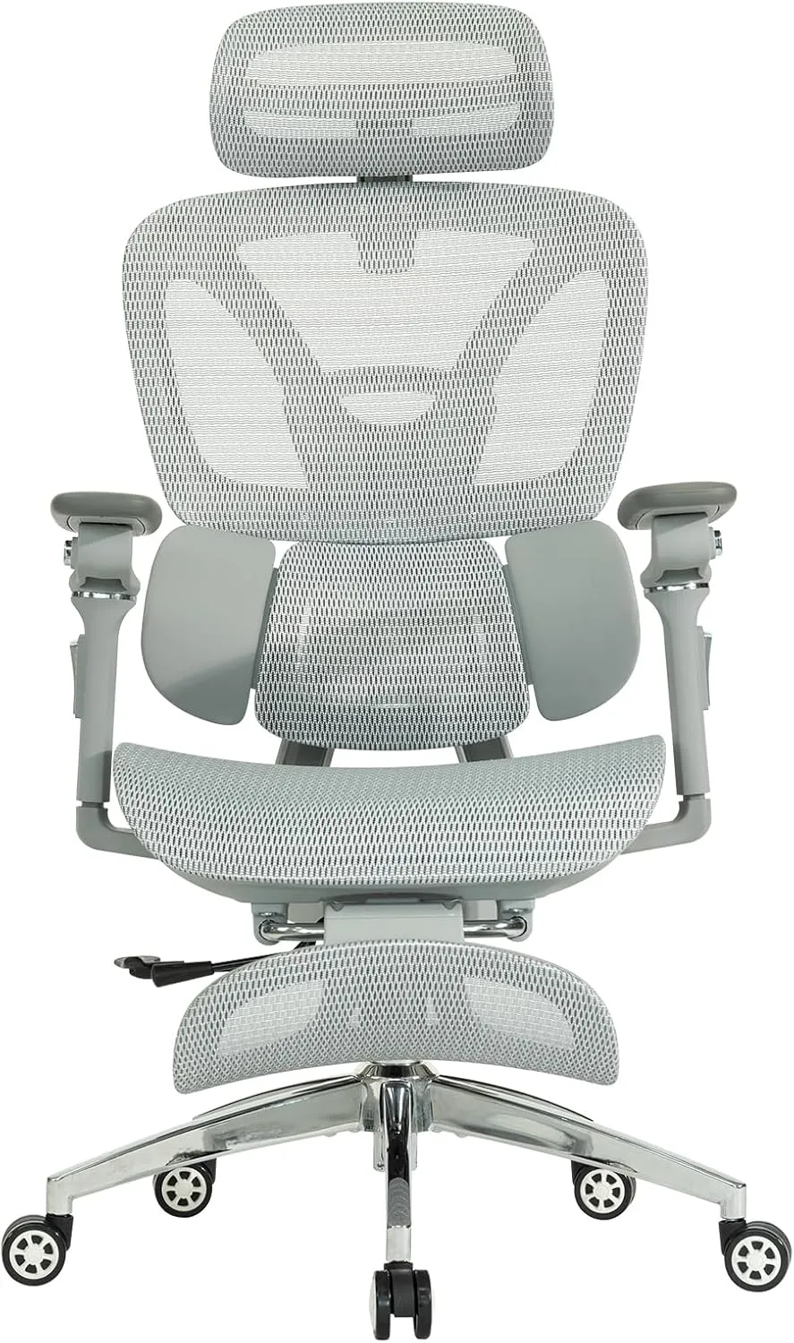 Ergonomic Office Chair with Footrest,Breathable Mesh Gaming Chair,Larger and Higher,High Back,Comfortable 3D Lumbar Support,130° Tilt,Adjustable Seat Depth,Ajustable 6D Armrest & 3D Headrest(Grey Pro)