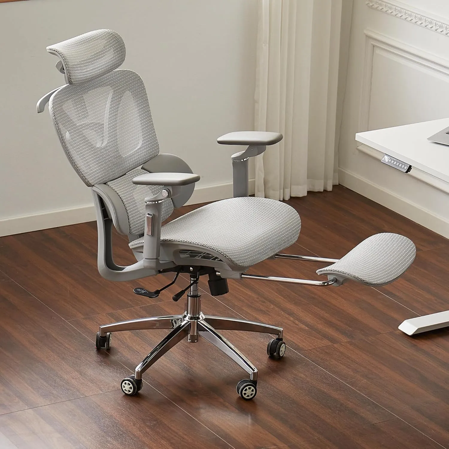 Ergonomic Office Chair with Footrest,Breathable Mesh Gaming Chair,Larger and Higher,High Back,Comfortable 3D Lumbar Support,130° Tilt,Adjustable Seat Depth,Ajustable 6D Armrest & 3D Headrest(Grey Pro)
