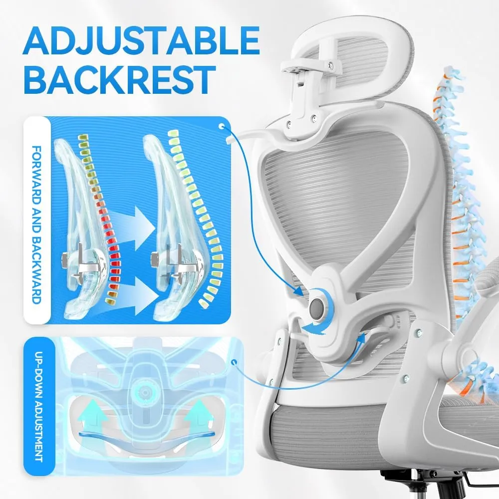 Ergonomic Office Chair with Headrest 3D, Mesh Office Desk Chair with Adjustable Lumbar Support, Computer Chair with Flip up Armrests, 350LBS Capacity - Design for Home/Offices - White