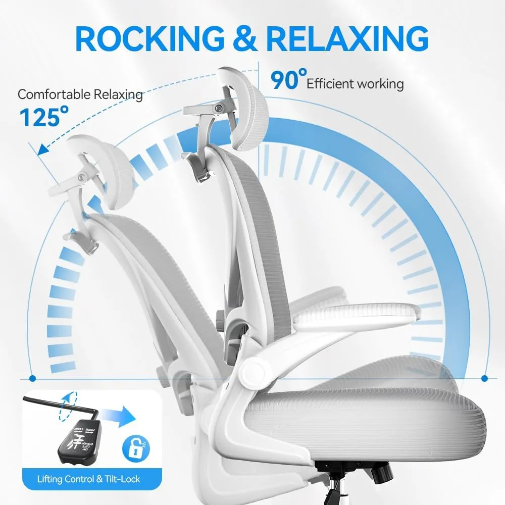 Ergonomic Office Chair with Headrest 3D, Mesh Office Desk Chair with Adjustable Lumbar Support, Computer Chair with Flip up Armrests, 350LBS Capacity - Design for Home/Offices - White