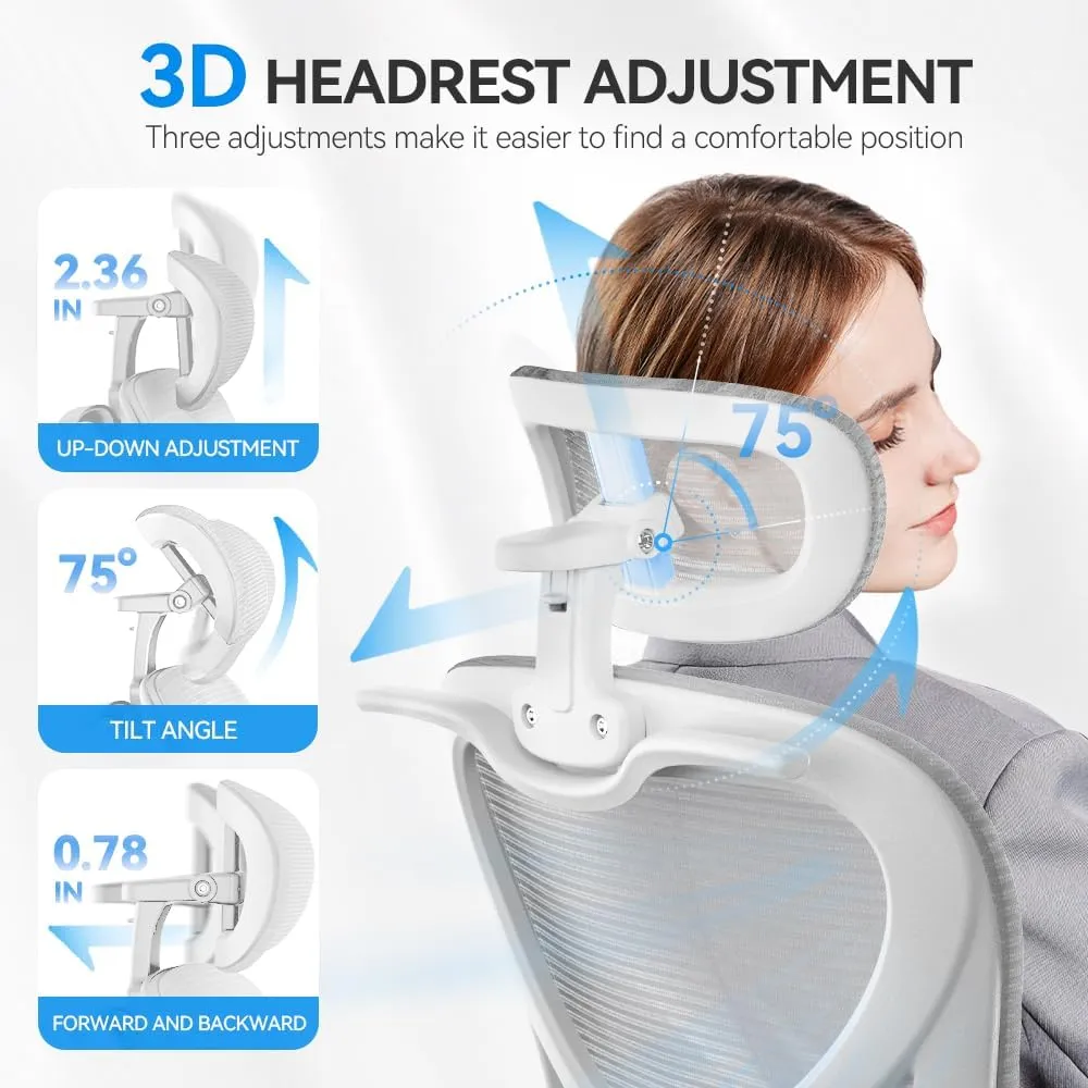 Ergonomic Office Chair with Headrest 3D, Mesh Office Desk Chair with Adjustable Lumbar Support, Computer Chair with Flip up Armrests, 350LBS Capacity - Design for Home/Offices - White