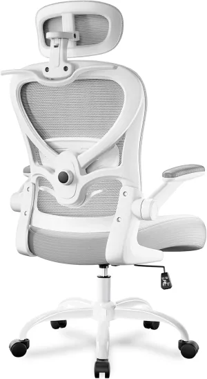 Ergonomic Office Chair with Headrest 3D, Mesh Office Desk Chair with Adjustable Lumbar Support, Computer Chair with Flip up Armrests, 350LBS Capacity - Design for Home/Offices - White